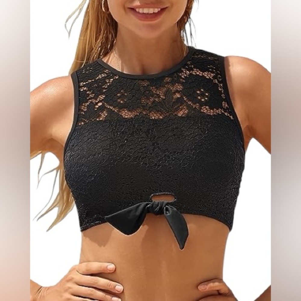 Black Lace Bikini Top Sheer Floral Tie Front Swim Top Women’s Small